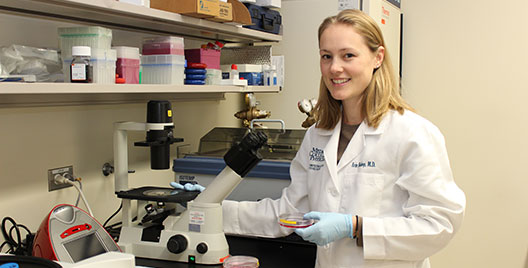 Erin Bishop, MD, is working on two specific areas: first, to investigate whether and how mesothelial cells contribute to adhesion and invasion of patient-derived ovarian cancer spheroids compared to single ovarian cancer cells in vitro.